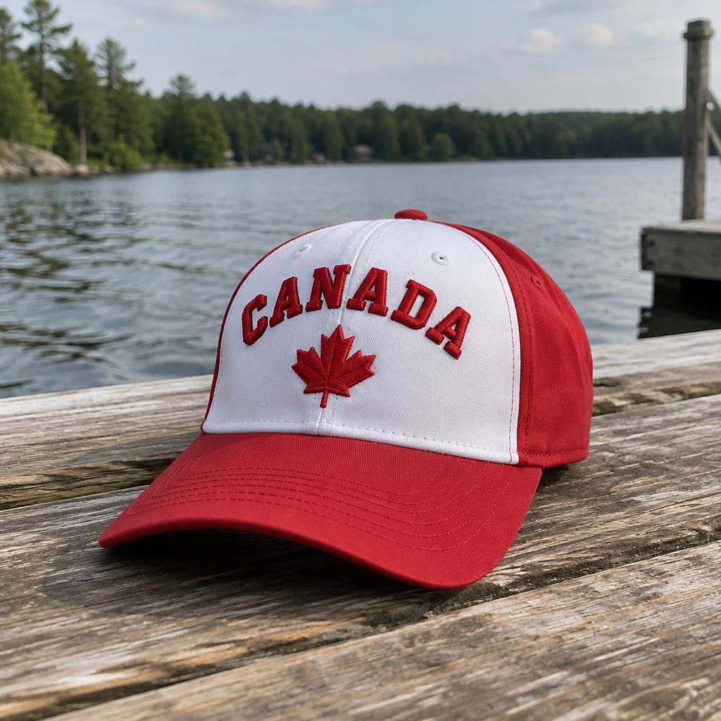 Red and white Canada baseball cap with maple leaf embroidery on a cottage dock by the lake