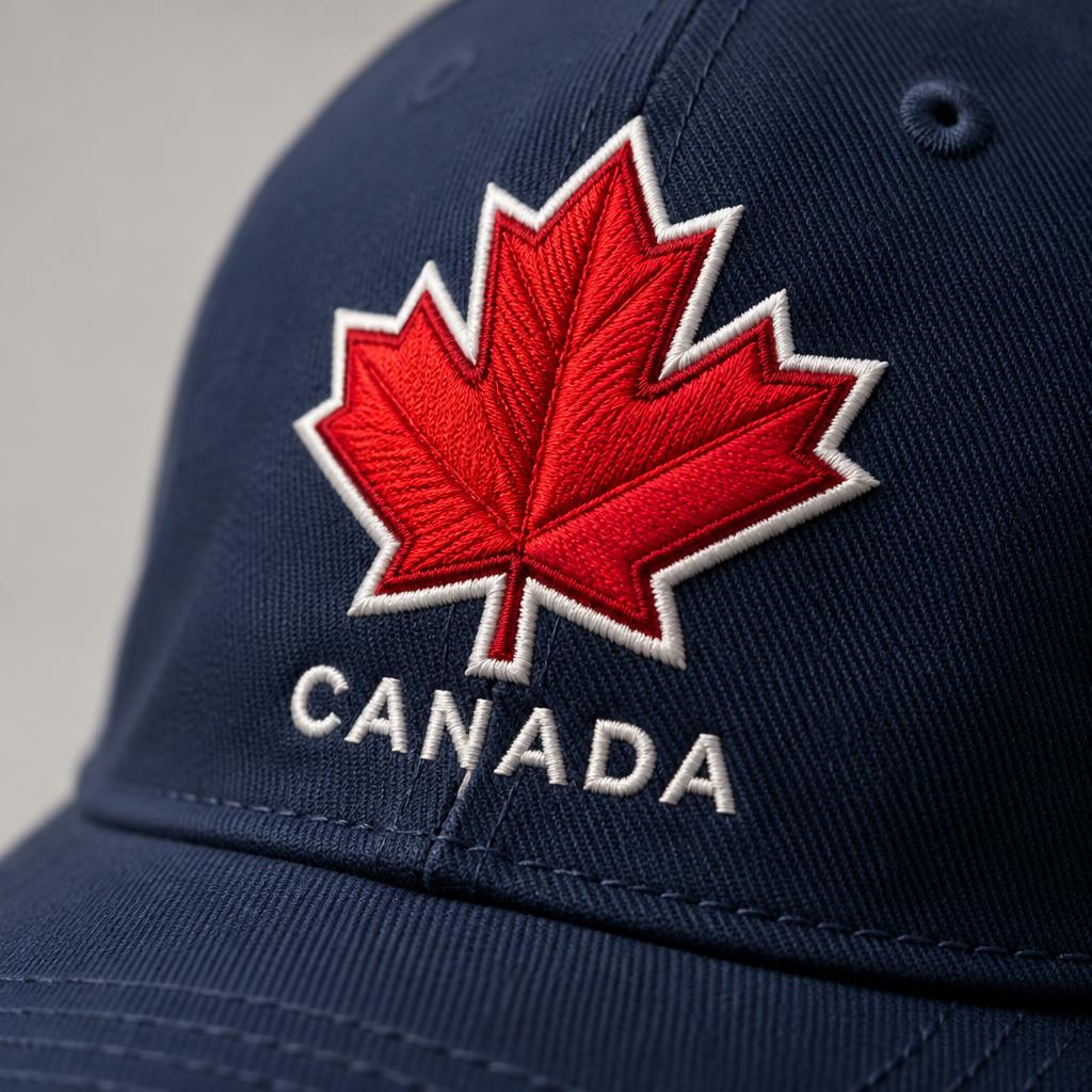 Close-up of red maple leaf embroidery stitching on a navy Canadian baseball cap