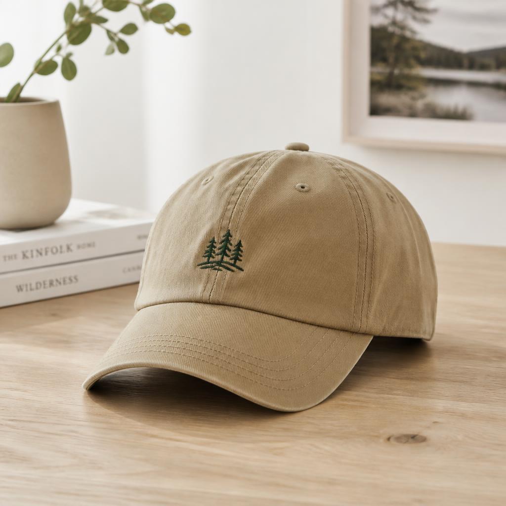 Khaki unstructured cotton dad hat with small embroidered pine tree design