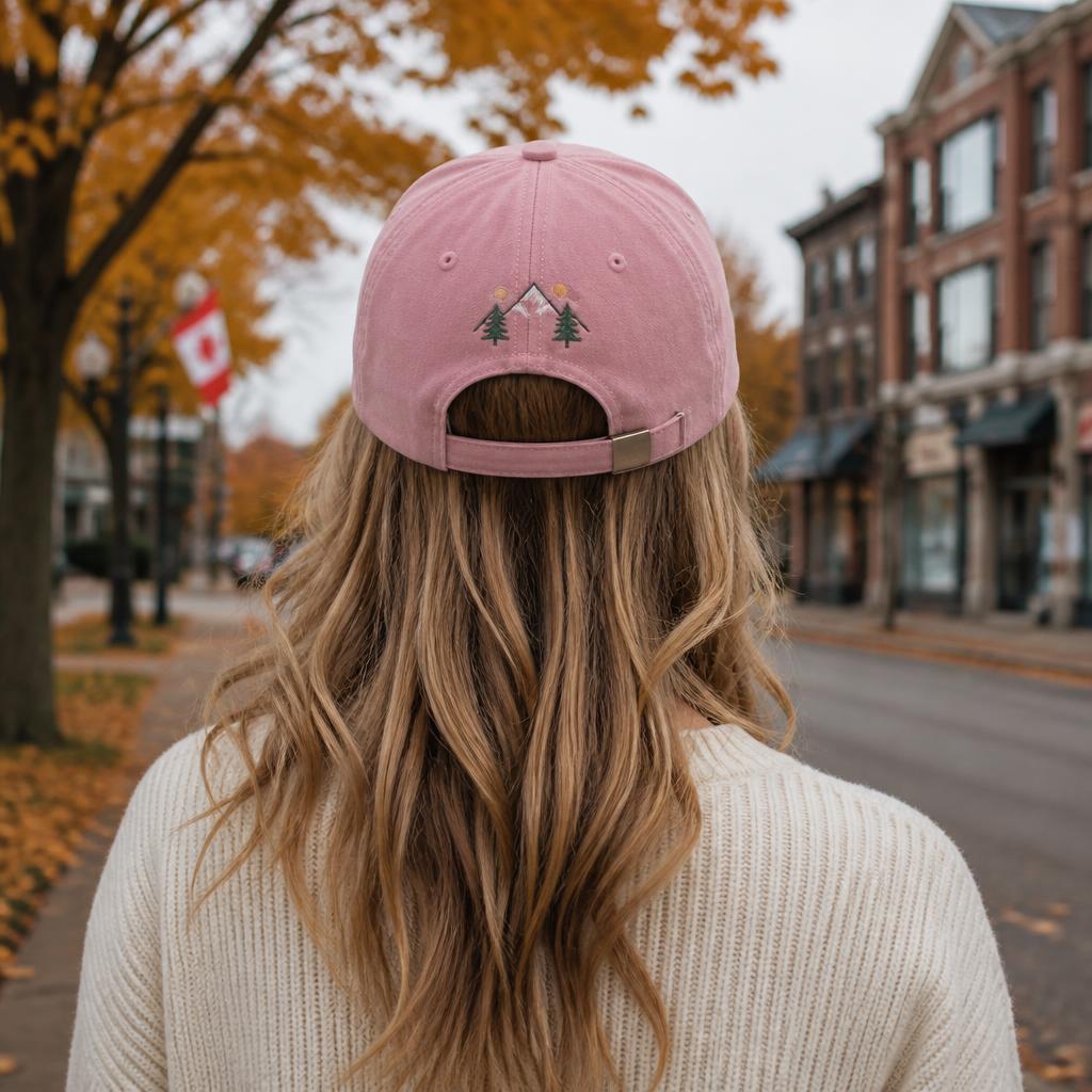 Back view of a washed pink embroidered dad hat with adjustable strap