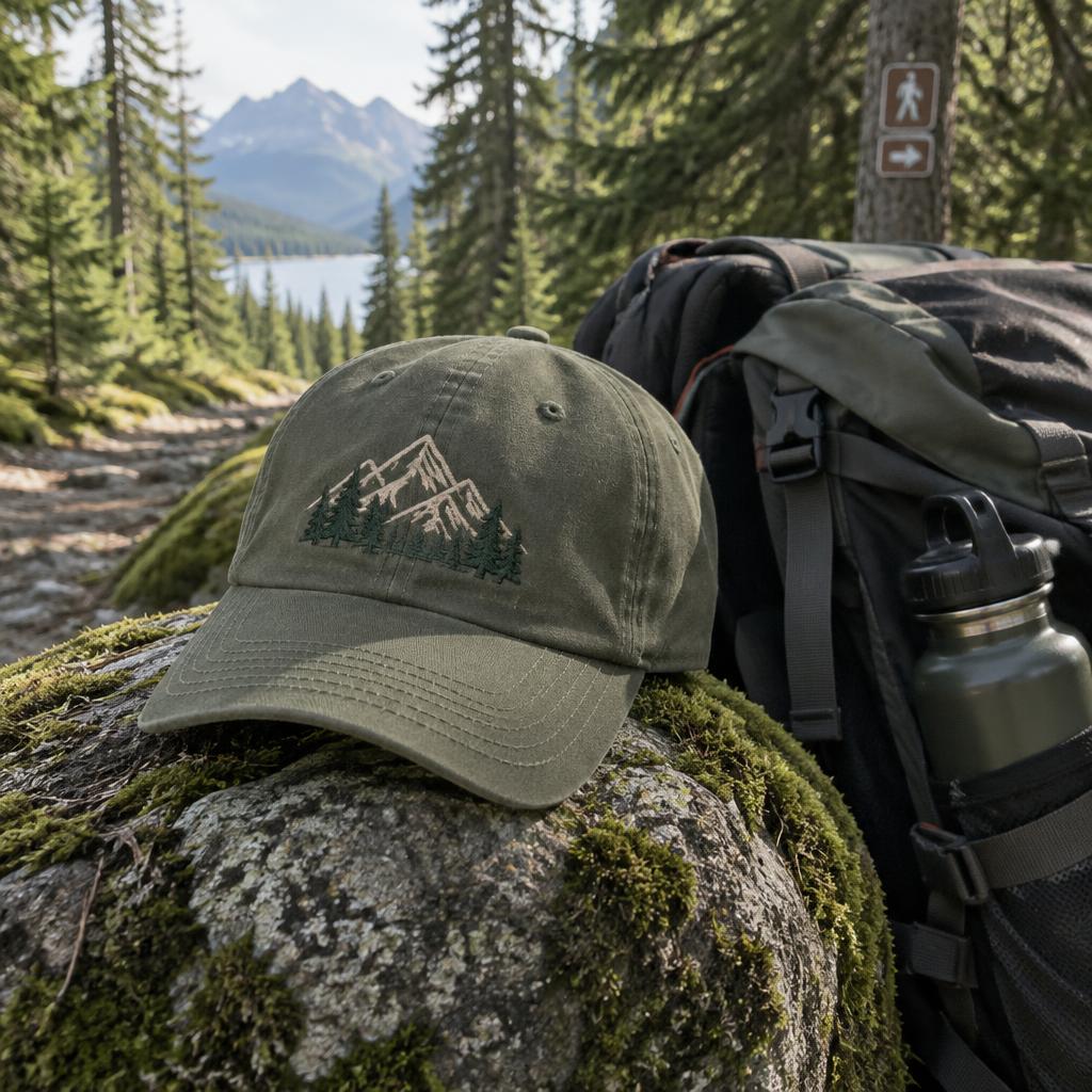 Olive green embroidered mountain outdoor cap resting on a mossy rock beside a hiking backpack in a Canadian forest