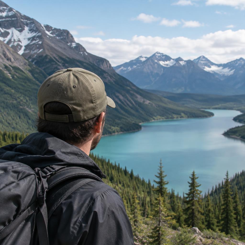 Hiker wearing a khaki embroidered outdoor baseball cap overlooking a Canadian mountain lake
