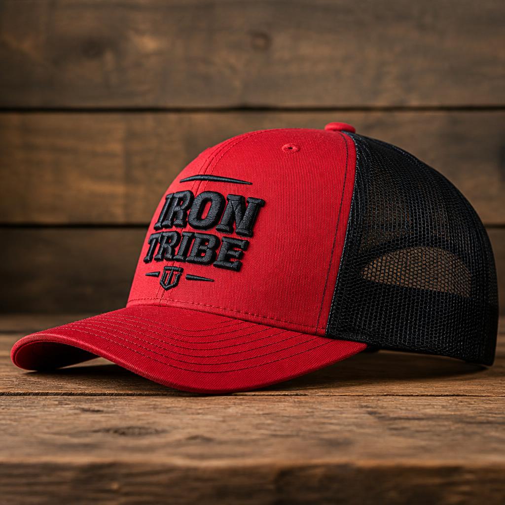 Red and black mesh trucker cap with 3D puff embroidery on the front panel