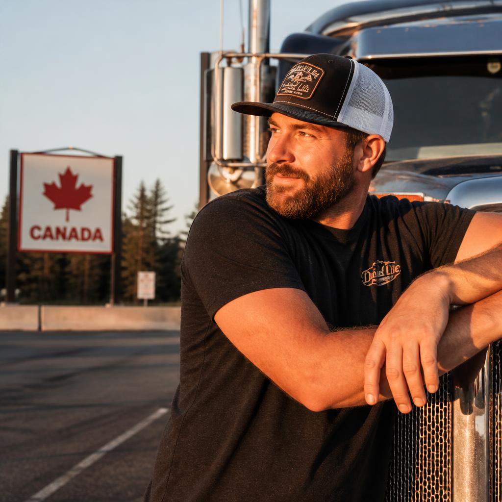 Truck driver wearing an embroidered black and white mesh trucker cap in Canada