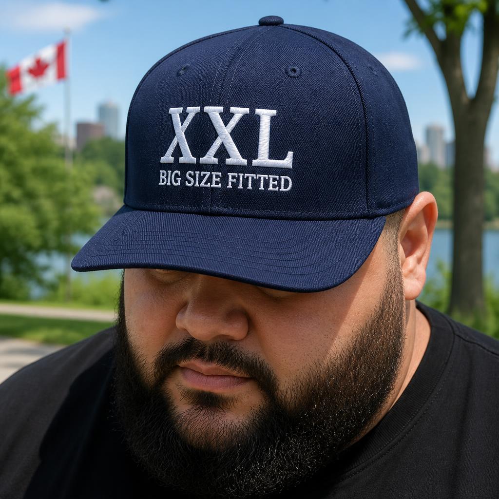Navy XXL big size fitted baseball cap with white embroidery worn outdoors in Canada