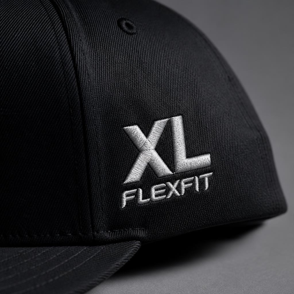 Close-up of embroidery stitching on an extra-large black flexfit baseball cap