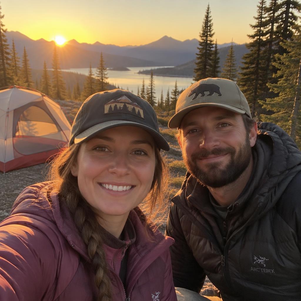 Two hikers wearing embroidered outdoor caps at a Canadian campsite at sunrise with a tent and lake behind