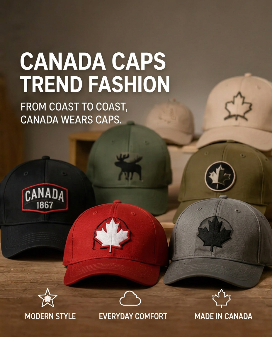 Rangée de casquettes brodées aux tons terreux avec motifs de feuille d'érable