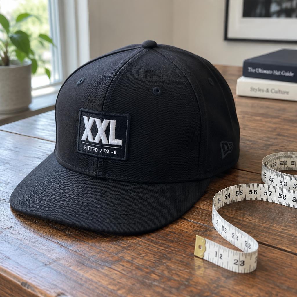 XXL black fitted baseball cap beside a measuring tape on a wooden table, size 7 5/8 to 8